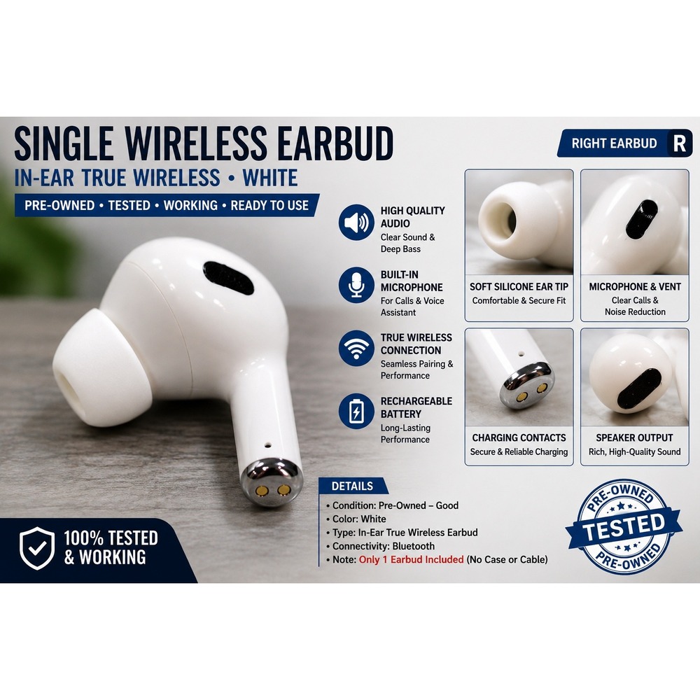 Single Right Wireless Earbud In-Ear True Wireless Bluetooth White Replacement